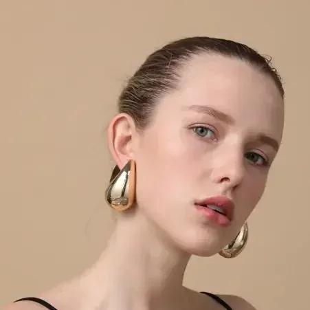 Fashion Gold Plated Chunky Dome Drop Earrings for Women Glossy Thick Teardrop Lightweight Hoops