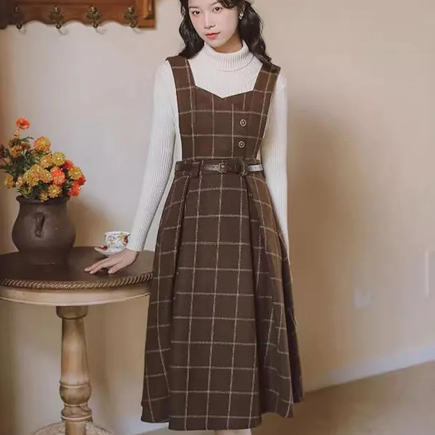 

Small Fragrance Plaid Strap Woolen Dress A-line Autumn Winter French