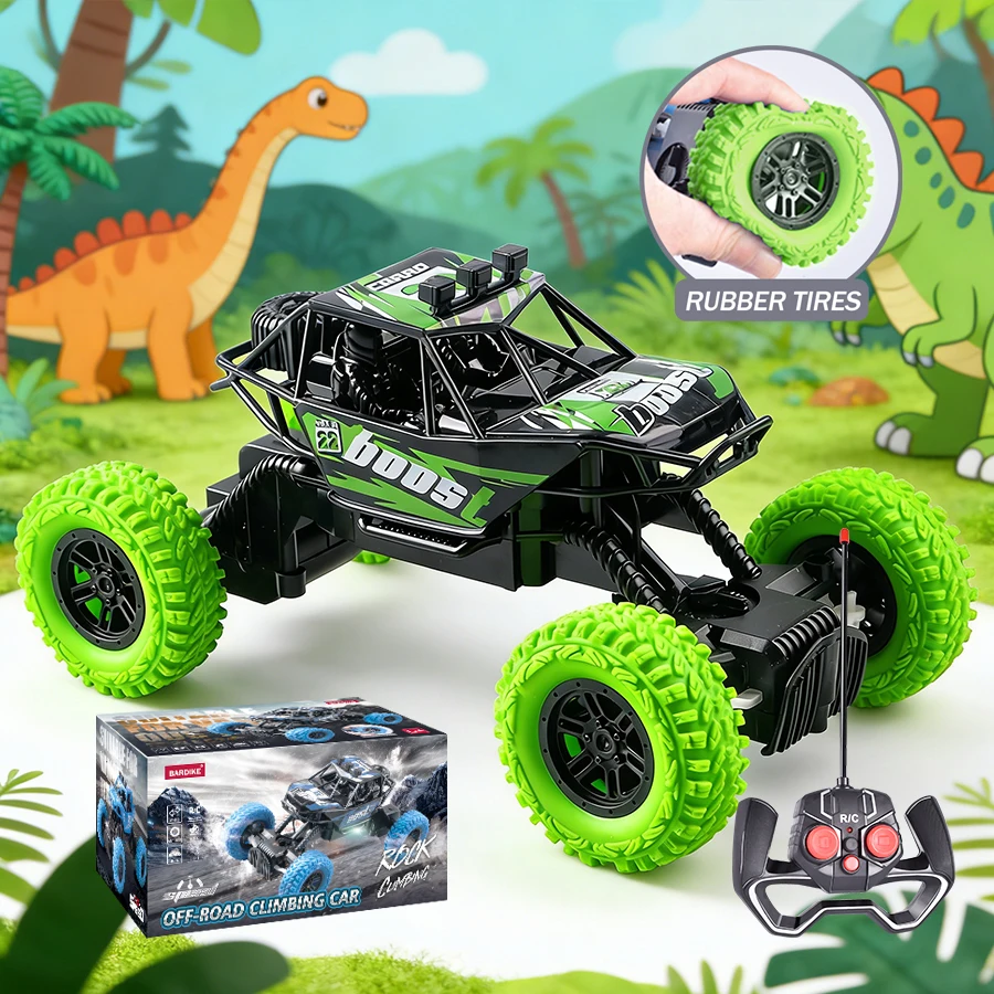 Crawler Buggy RC Stunt 4WD 2.4GHz escaladant un obstacle rocheux avec ses pneus tout terrain.