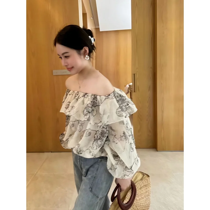 2023 Spring New Retro Sweet off-the-Shoulder Word Collar Ruffled Ink Painting Floral Shirt Female Flab Hiding