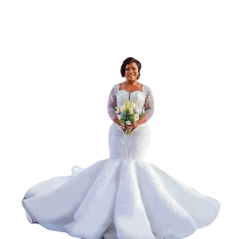 

Luxurious Square Neckline Long Sleeve Lace Beaded Wedding Dresses Chapel Train Black Woman Plus Size Formal Bridal Gown