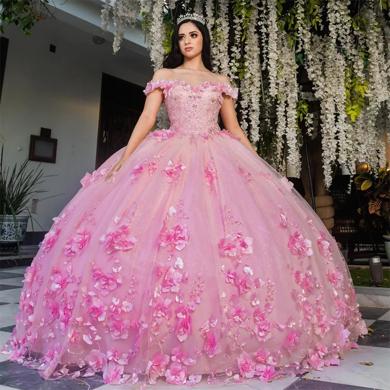 

2023 Pink Ball Gown Quinceanera Dresses 3D Flower Handmade Pearls Vestidos De 15 Años Corset For Birthday Dress