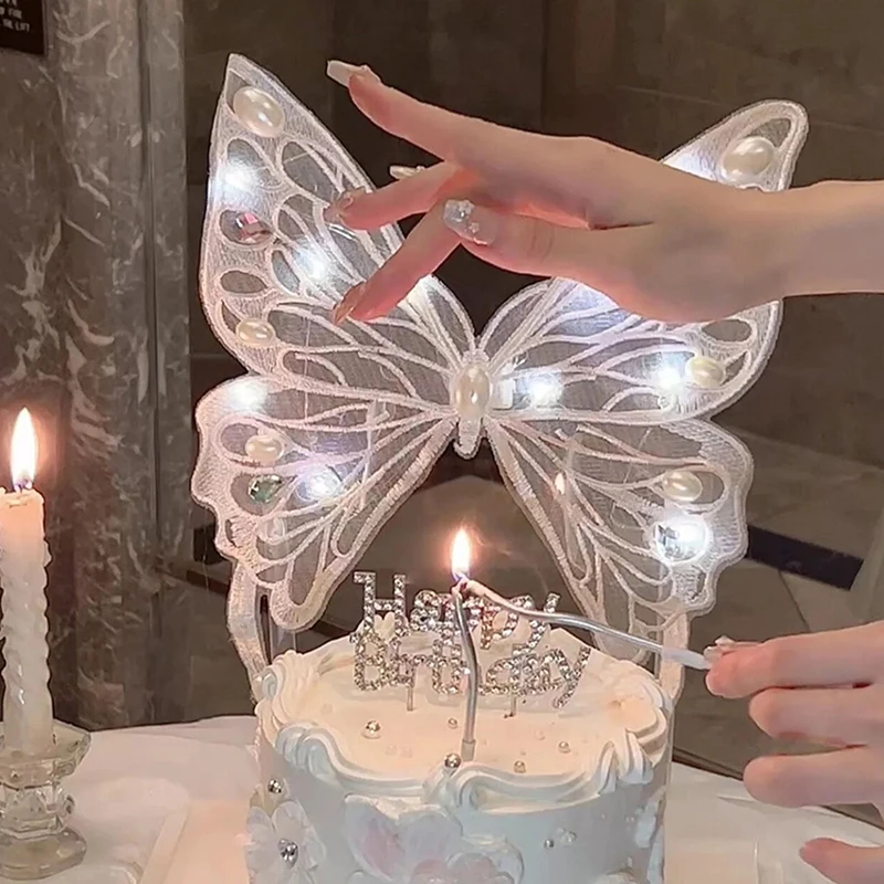 Valentine's Day Cake Topper Decoration Handmade Big Butterfly Insert Queen Mother Happy Birthday Love Led Light Baking Supplies