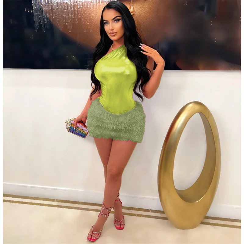 thumbnail image 1 of Conjunto de 2 piezas de top y falda de un hombro sexy para mujer, trajes de fiesta de cumpleaños para discoteca, vestidos cortos elegantes y ajustados para fiesta, 1 of 5