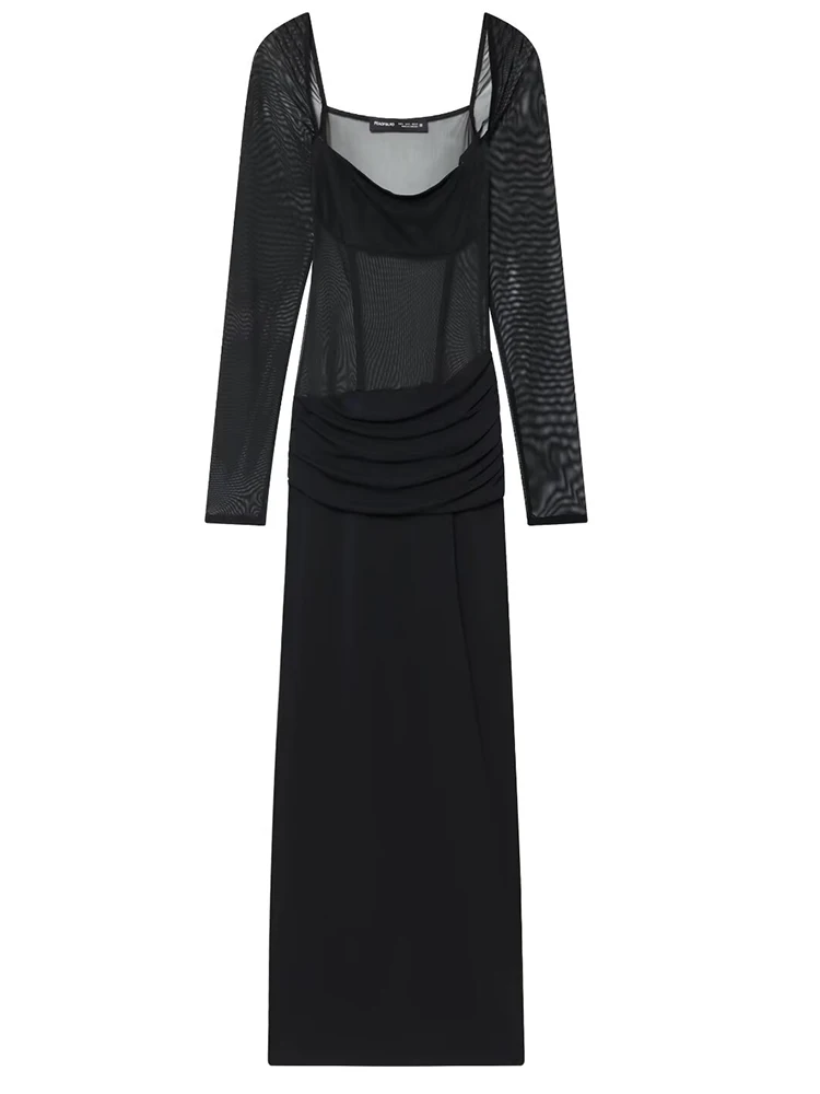 Chic Mesh Splicing Long Dresses for Women Long Sleeve Midi Dress 2025 New Fashion Female Elegant Party Dresses