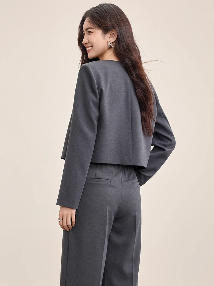 SENTUBILA Women's Gray Commuter Set 2025 Autumn Tailored V-neck Blazer With Shoulder Pads & Elastic Waist Trousers 153ZA2497 - Image 6