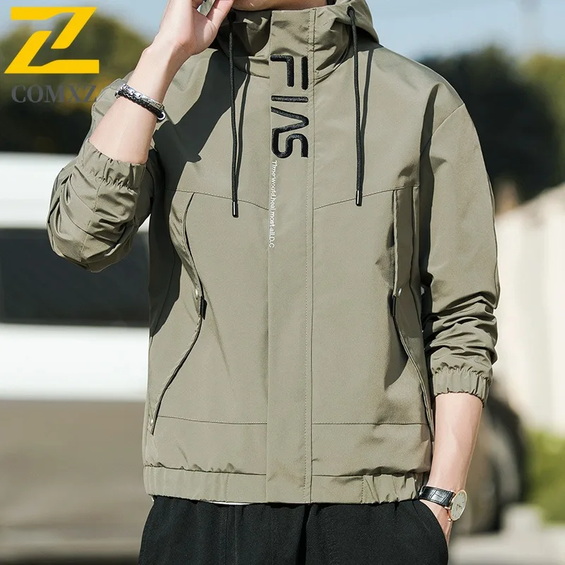Men Korean Style Spring Fall Hooded Jacket Casual Embroidery Zipper Coat Loose Fit Streetwear Windbreaker Fashion Outdoor Sport