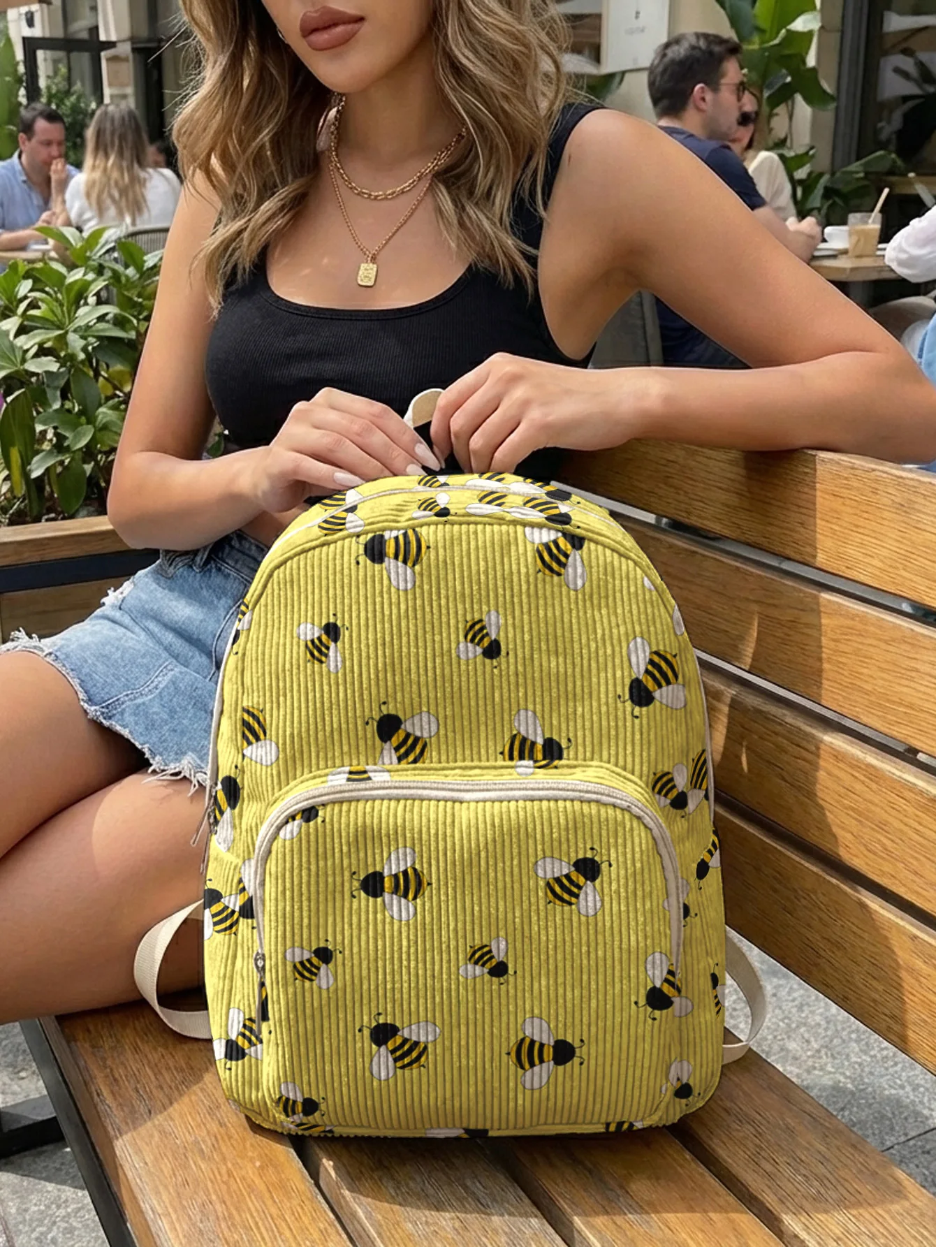 Yellow Bee Allover Print Women Fashion Backpack Corduroy Multi-pocket Large Capacity Commuter Bag 3