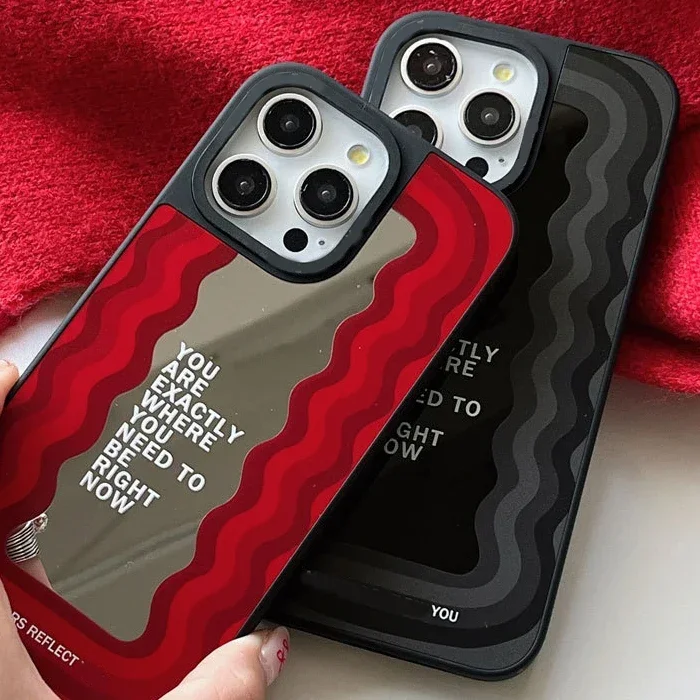 Mirror Surface Wave Black Red Phone Case Cover for IPhone 11 12 13 14 15 Pro Max Case for IPhone 15 Pro Max