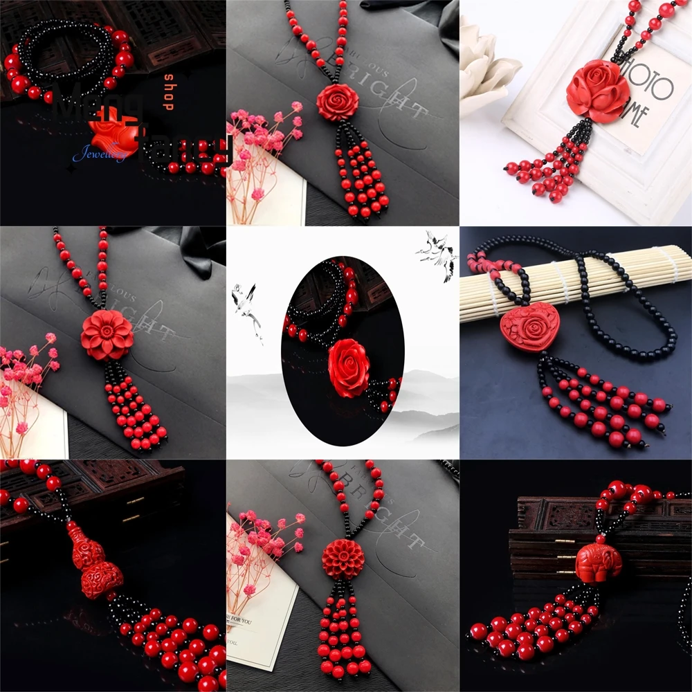 

Cinnabar Rose Flowers Pendant Chinese Natural Jade Hand-Carved Amulets Mascots Sweater Chain Fashion Women Men Necklace Gifts