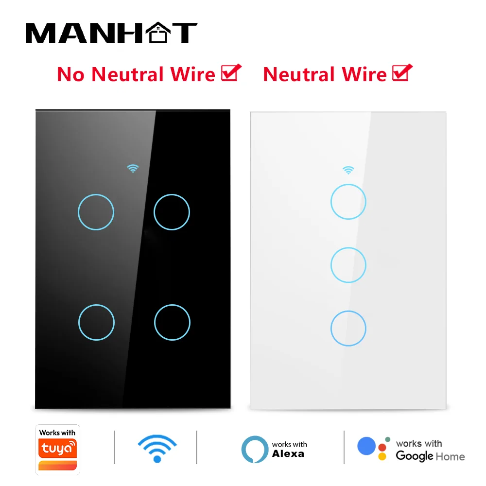 Work with Tuya WIFI Smart Wall Touch Switch No Neutral Wire Required Smart Life Wireless Remote LED Light Switch Support Alexa