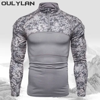 2024 Men's Military T-shirt Outdoor Elastic Fitness Camo Tactical Tops Long sleeved T-shirt Men Zipper Pocket Clothing 1
