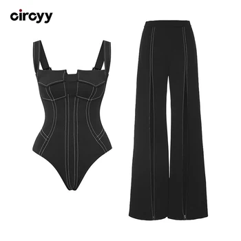 Circyy One Piece Swimsuit Women Bodysuit Denim Beach Trousers Halter Solid Bikini Set Summer 2025 Holiday Fashion Sexy Beachwear