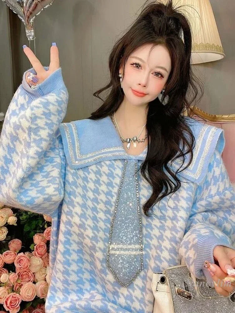 

Loose Doll Collar Student Sweater Hot Drilling Sail Collar Sweaters Women's Autumn and Winter Loose Houndstooth Sweater Pull