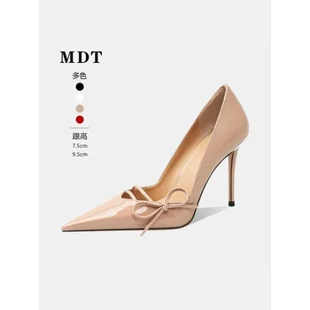 New light luxury style patent leather bow high-heeled shoes with a female design sense, niche queen pointed thin follow-up shoes