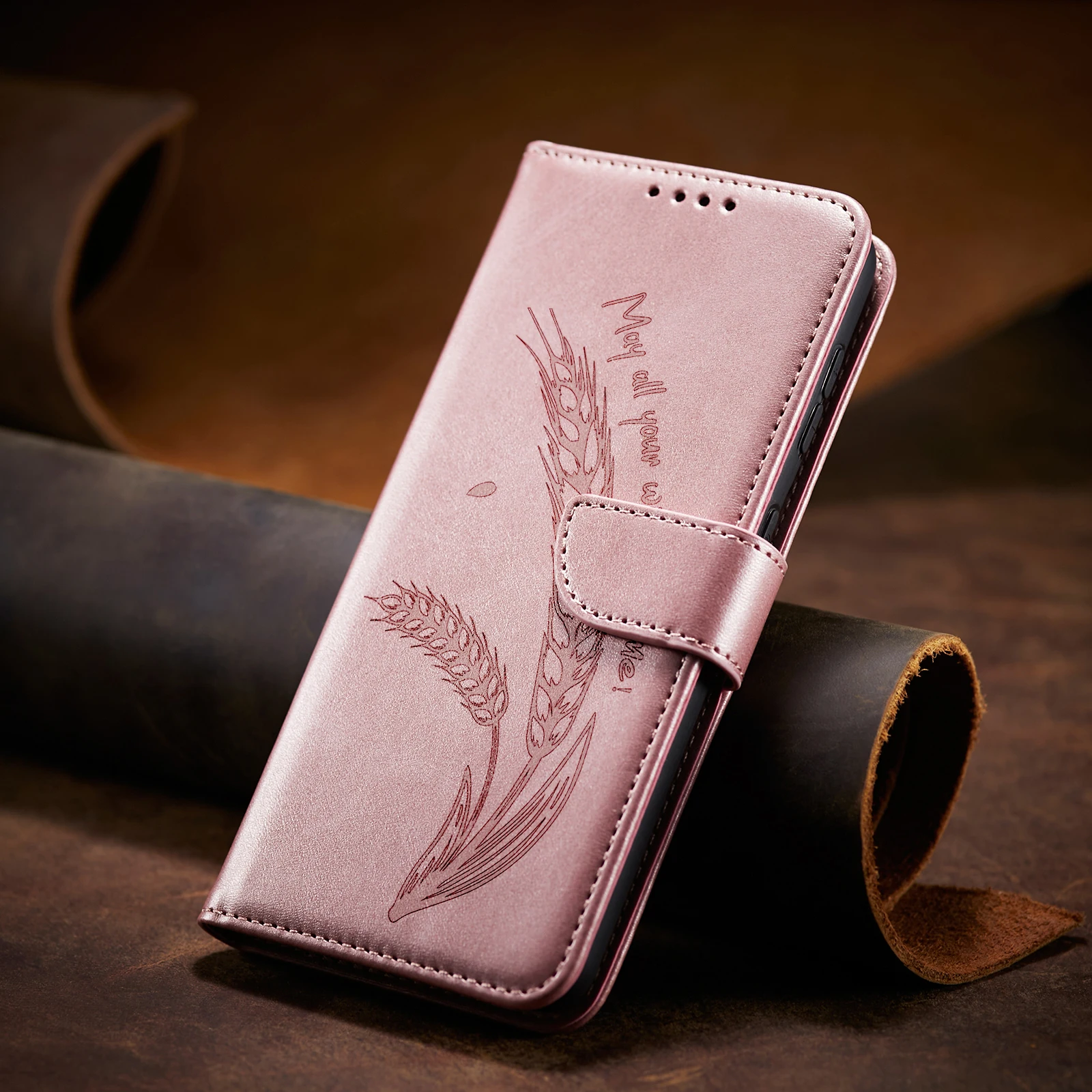 3D Ear of Wheat Leather Wallet Flip Phone Case - Elegant Protective Cover