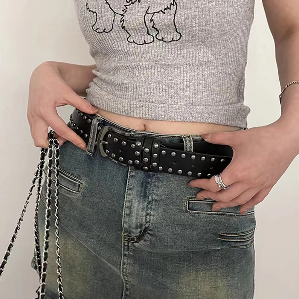 

Y2K Punk Leather Rivet Waist Belt Metal Pin Buckle Waist Strap Adjustable Jeans Dress Decorative Waistband Vintage Fashion 1PC