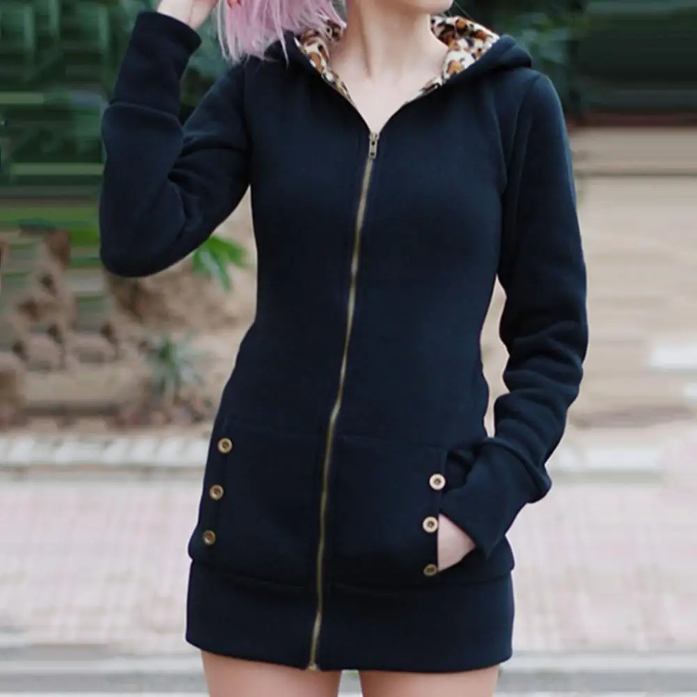 

Solid Color Fleece Lined Women Coat Mid-Length Big Pockets Winter Coat Leopard Print Lining Hooded Overcoat Outerwear