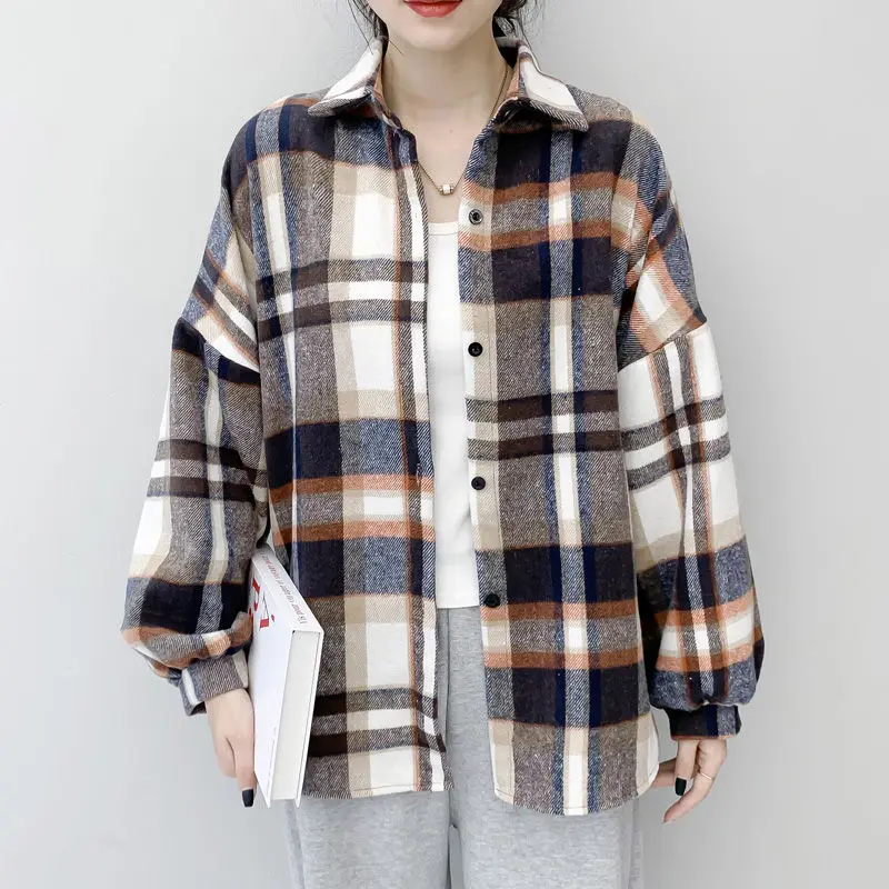 

Spring Autumn Shirts Women Full Long Sleeve Button Casual Turn Down Collar Plaid Sanding Shirt Winter Blouse Cardigan Loose Tops