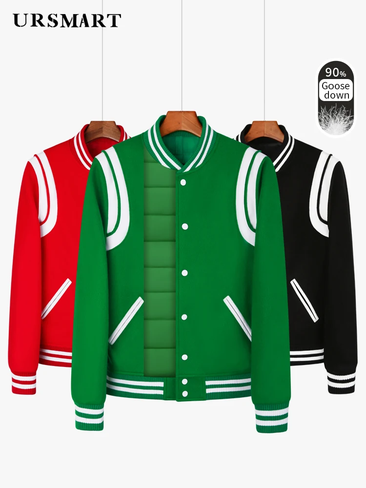 Goosedownbaseballjacketmensleathersleevewoolthickenedmens