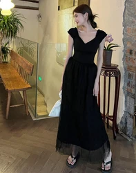 V-neck Dress Women 2024 New Summer Solid Slim Elegant Fashion High Waist Pleated Patchwork Gauze Dresses Female Clothing