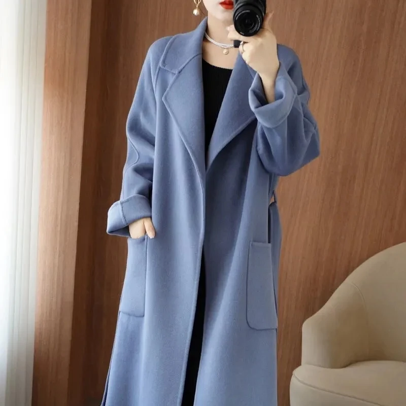 100% Wool Coat Women's Wear 2024 Autumn/Winter Fashion Temperament Double sided Cashmere Coats with Belt Elegant Long Overcoat 6