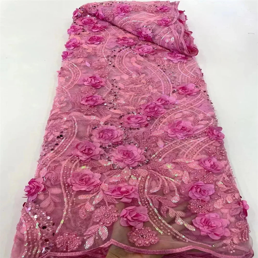 

SJ Lace New Pink Lace Fabric 2022 High Quality Mesh Embroidery Applique 3D Flower Tulle Nigerian Lace Fabric For Dress dp11-16