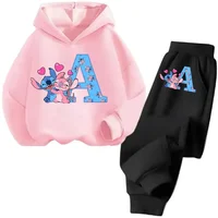 Autumn Winter Stitch Disney Long Sleeve Boys Girls Children's Set Casual Fashion Cartoon Letter Hoodies Set Pant Suit Tracksuits