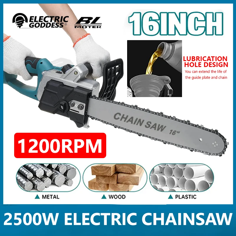 16 inch 2500W Wireless High Power Household Electric Chain Saw Hand-Held Sawing Plastic Metal Garden Cutting Tool for Makita 18V mini chainsaw electric chainsaw electric saw mini electric saw
