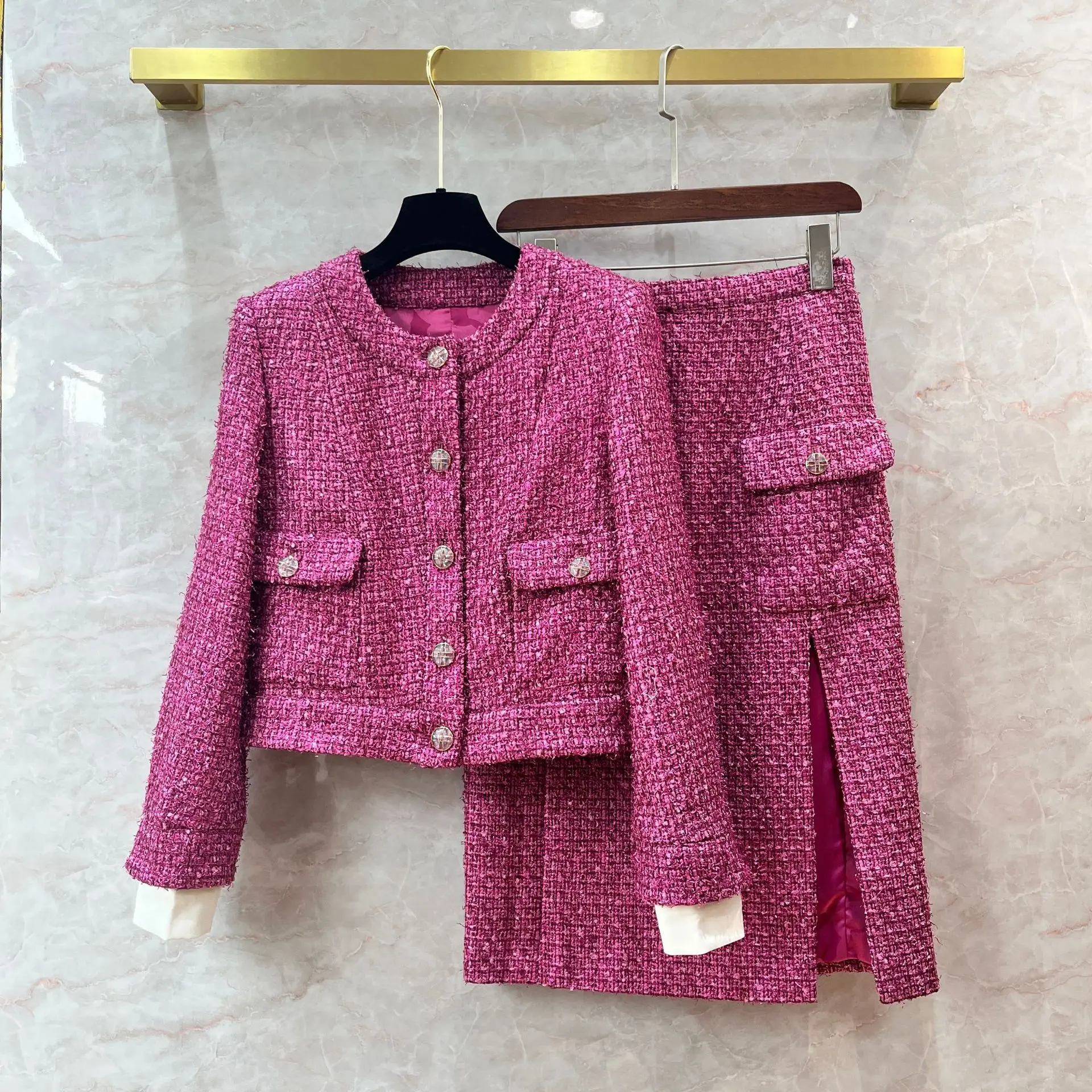 

2023 Spring Autumn Brand New Designer Women's High Quality O-neck Tweed Coat + A-line Skirt C772