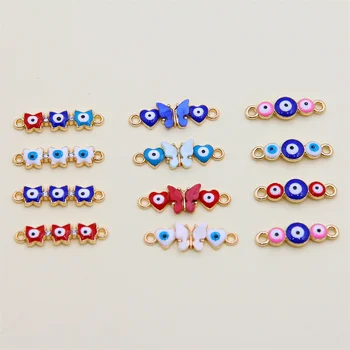 혼합 행운의 파란 눈 나비 커넥터, 여성용 팔찌, DIY 쥬얼리 제작 액세서리, 에나멜 합금 펜던트, 6 개