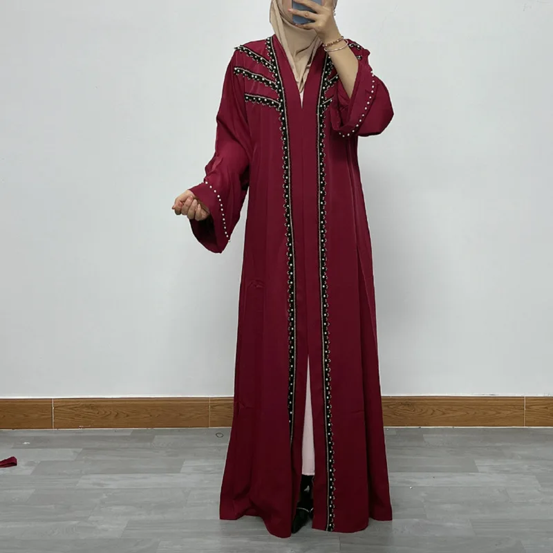 

Women Eid Muslim Abaya Pearls Ramadan Cardigan Patchwork Dubai Abayas Kaftan Embroidery Vestidos Belt Long Robe Loose Fit