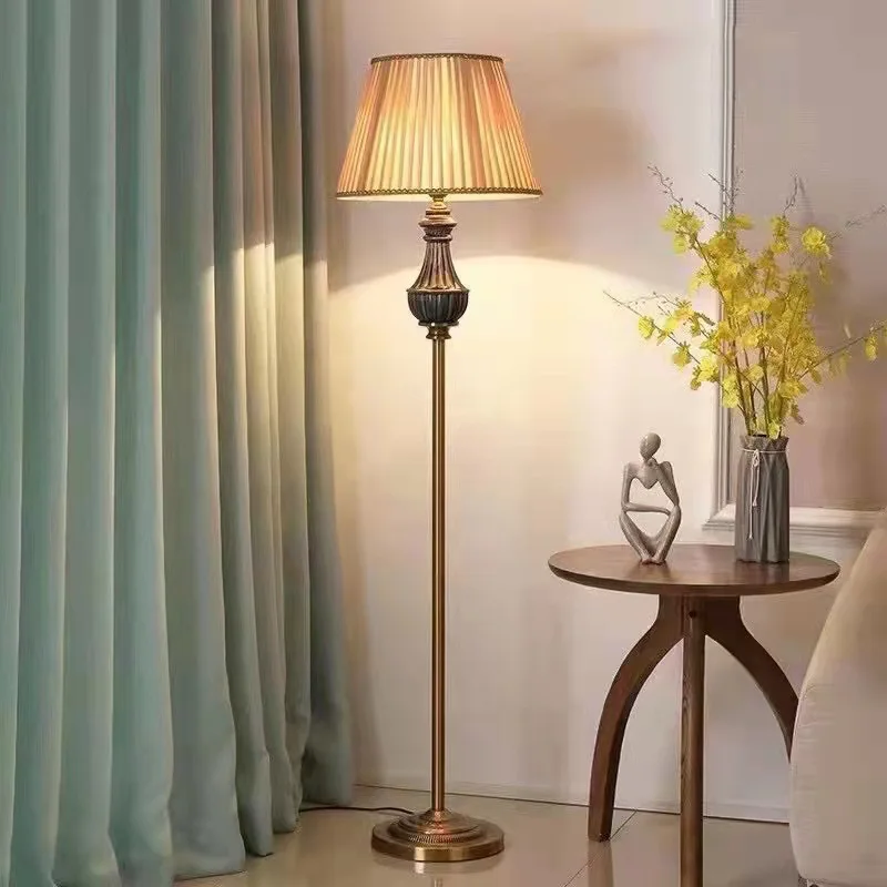 

American style floor lamp modern Copper Fabric Lampshade standing Lamp E27 LED floor lamps for living room study bedside office