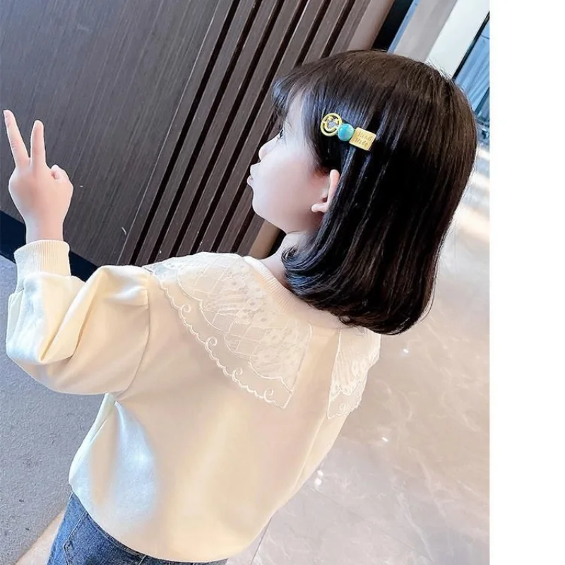 Child Girl T-shirt Long Sleeve Crew Neck Spring Autumn Casual Fashion All-match Solid Color Lace Comfortable Tops t shirt cotton t shirt kids t shirt