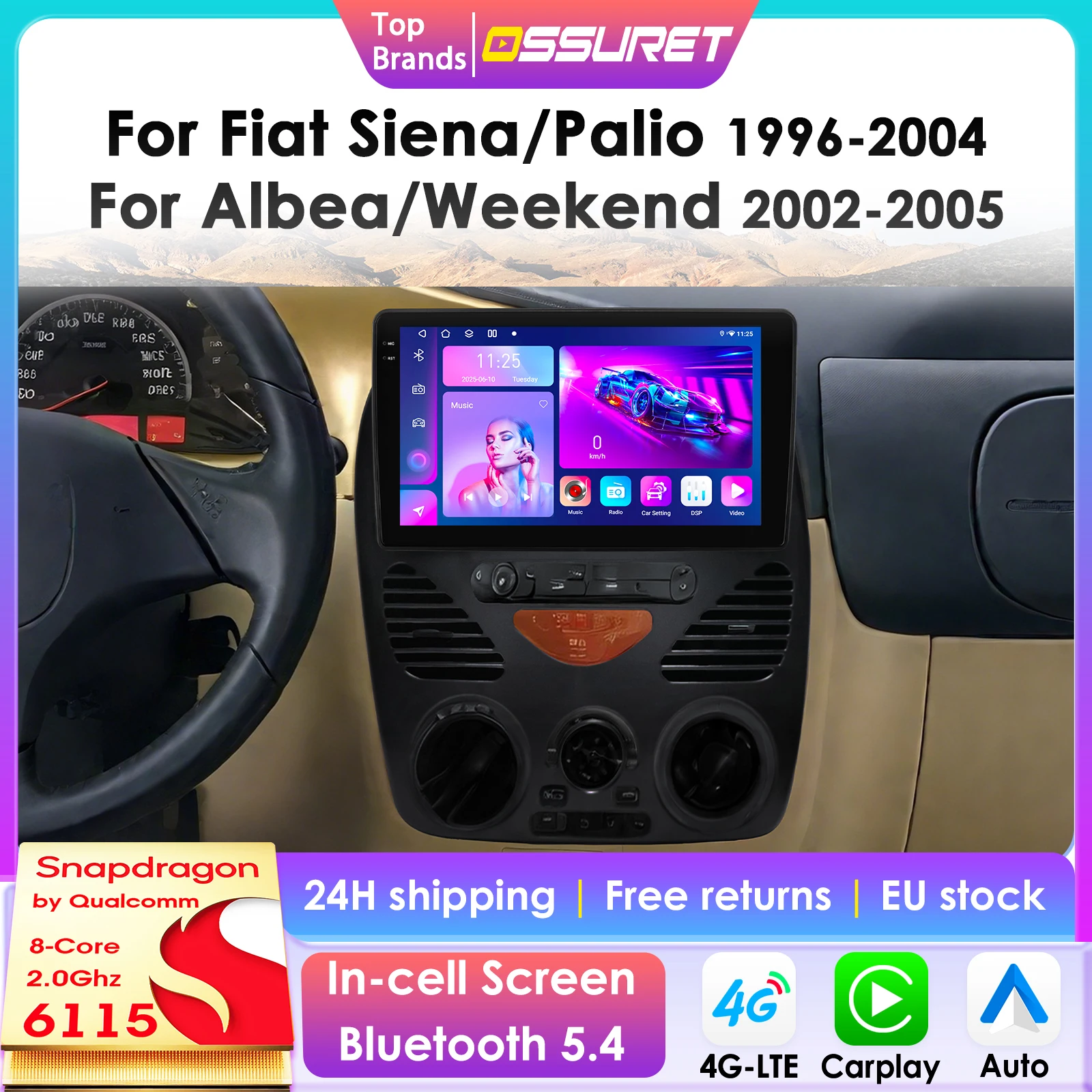 360-Grad-Kamera Android 14 Autoradio für Fiat Siena Palio 1996 - 2004 Auto-Multimedia-Player CarPlay Android Auto Stereo 6115