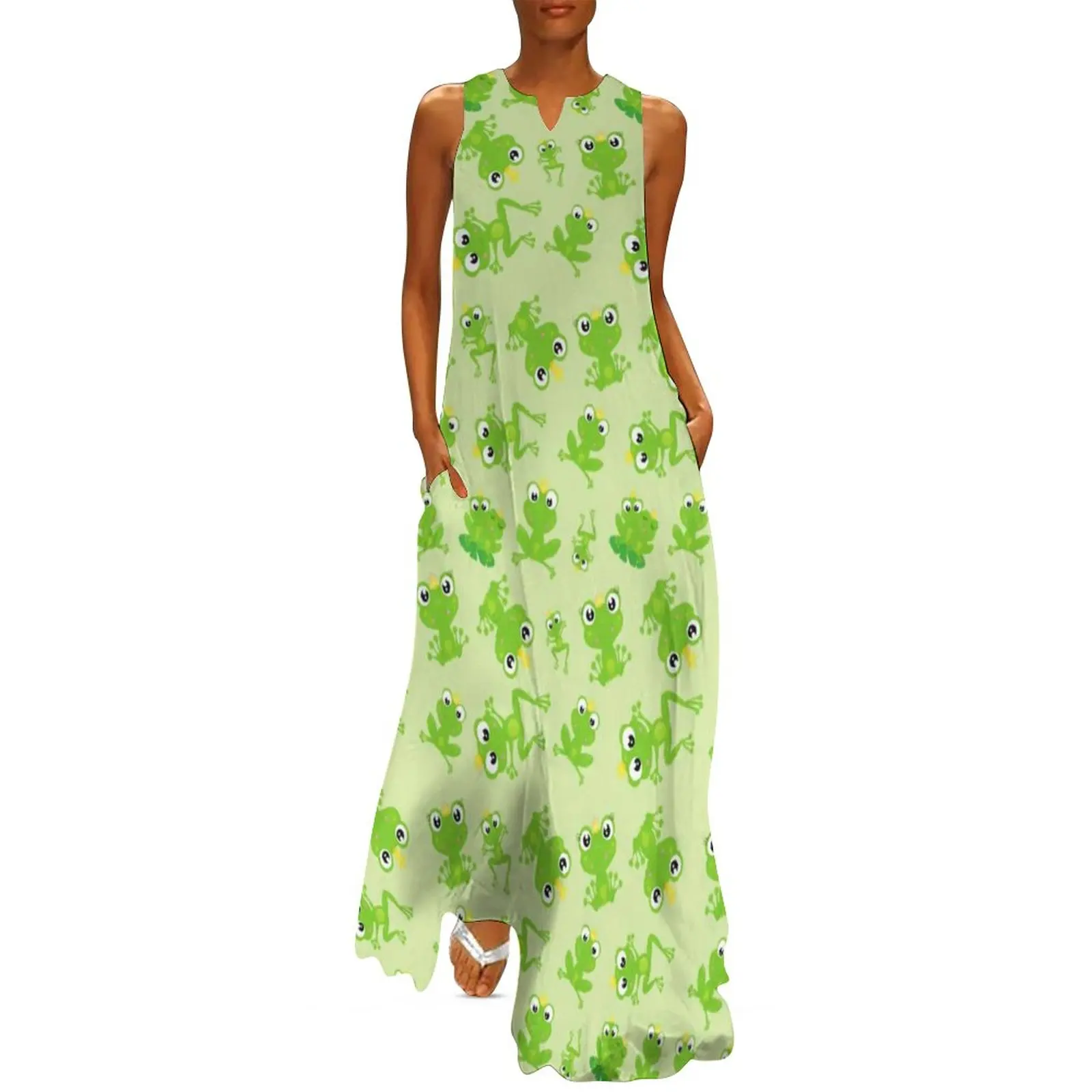 

Frog Prince Pattern Dress Summer Kawaii Green Cartoon Frogs Street Style Casual Long Dresses Party Maxi Dress Birthday Present
