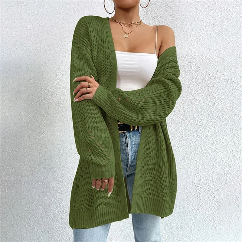 2024 Autumn Elegant Solid Cardigan Sweater Women Winter Thickened Warm Split Hem Long Jumpers Female Commuter Knitted Outerwear 6