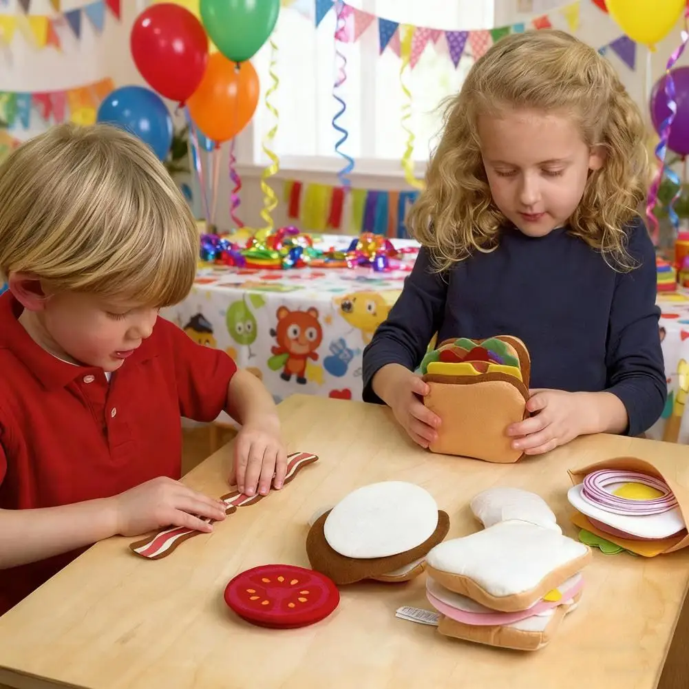 어린이 장난감 28피스 펠트 놀이 음식 세트 햄버거 샌드위치 쌓기 장난감 소고기 스테이크 야채 역할 놀이 주방 놀이 세트