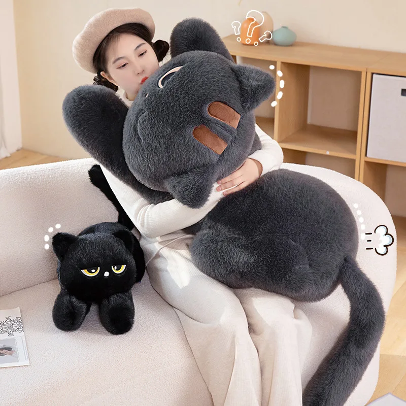 귀여운 반달 눈 모양 검은 고양이 봉제 인형, 누워있는 검은 고양이 베개, 어린이 게임 팬들을 위한 할로윈 크리스마스 생일 선물, 홈 데코