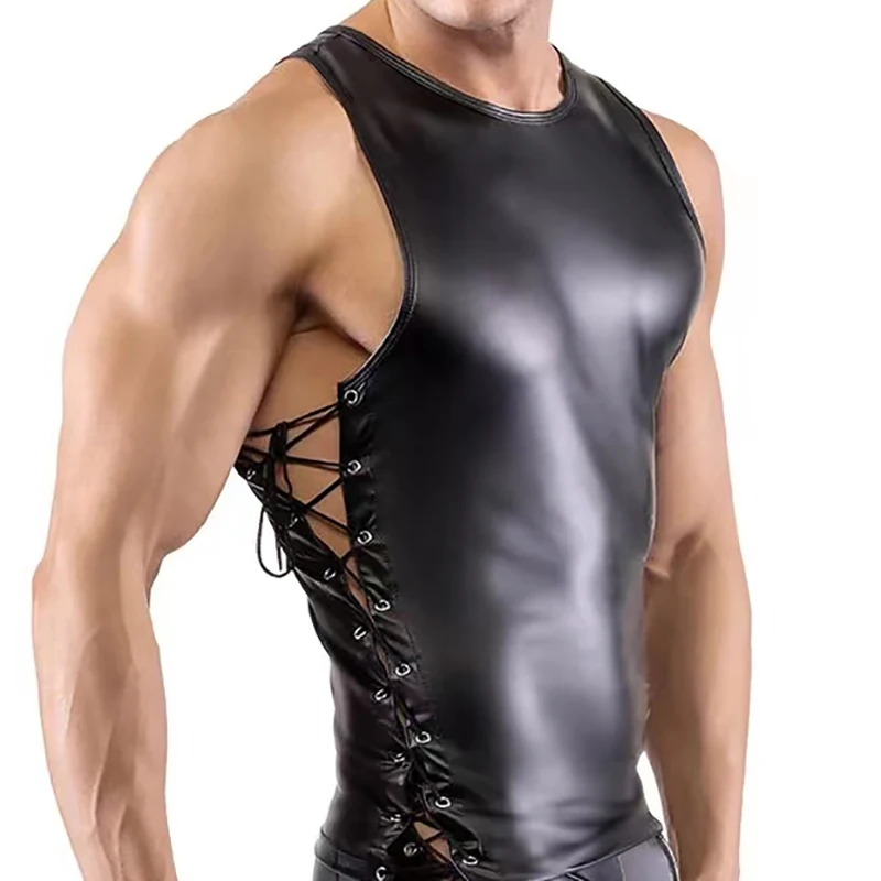

Men Faux Leather Tank Tops Bandage Hollow Out Wetlook Fitness Undershirts Fetish Lingerie Latex Vest Clubwear Exotic Pullover