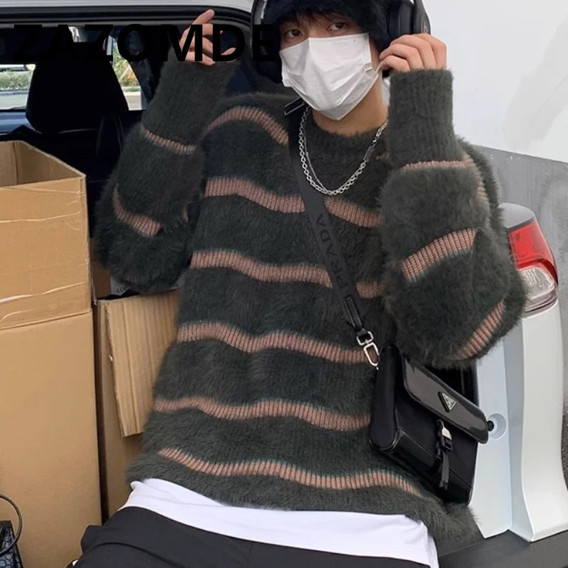 ZAZOMDE Autumn Winter Striped O-neck Sweater Casual Loose High Street Thickened Sweaters Pullovers Men Top Male Knitwear Clothes