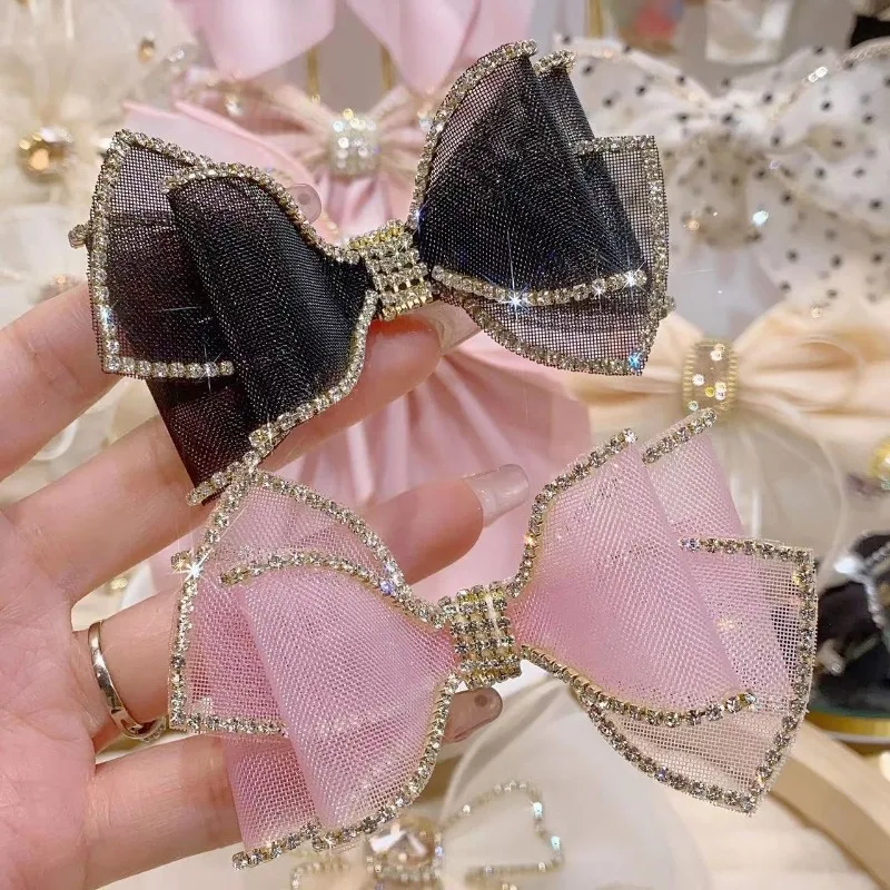 Koreanische Mesh Bogen Strass Haars pangen für Frauen Mädchen elegante Haarnadeln Temperament Pferdes chwanz Clip Kopfschmuck Haarschmuck