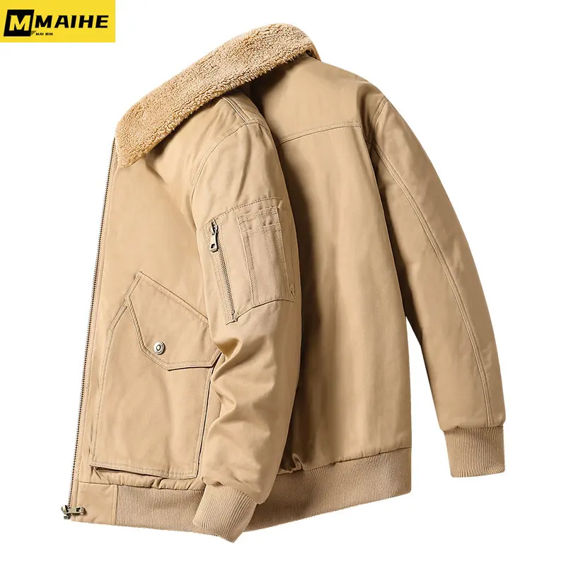 Men's Winter Fleece Coat High Quality Windproof Fur Collar Army Green Coat Warm Tactical Cargo Jacket Casual Men's Cargo Jacket
