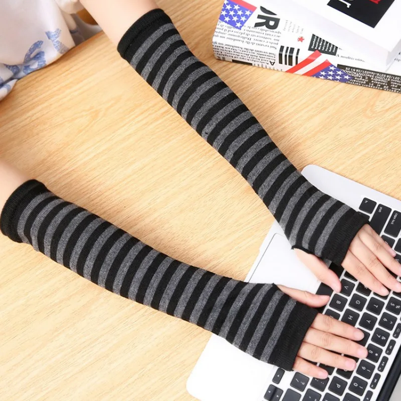 Unisex Long Fingerless Gloves Arm Cover Striped Cotton Wrist Sleeves Arm Warmer Sleeve Knitted Womens fingerless gloves half finger gloves cotton gloves