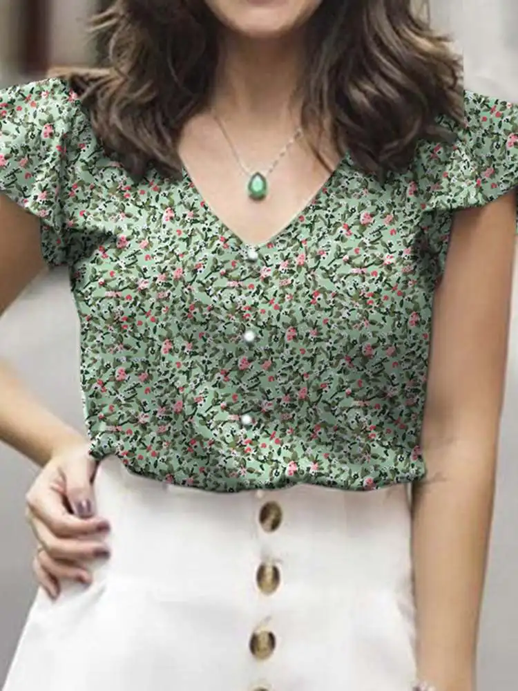 

2023 ZANZEA Summer Bohemian Floral Blouse Women V-Neck Holiday Shirt Femme Short Sleeve Tops Casual OL Work Blusas Elegant Tunic