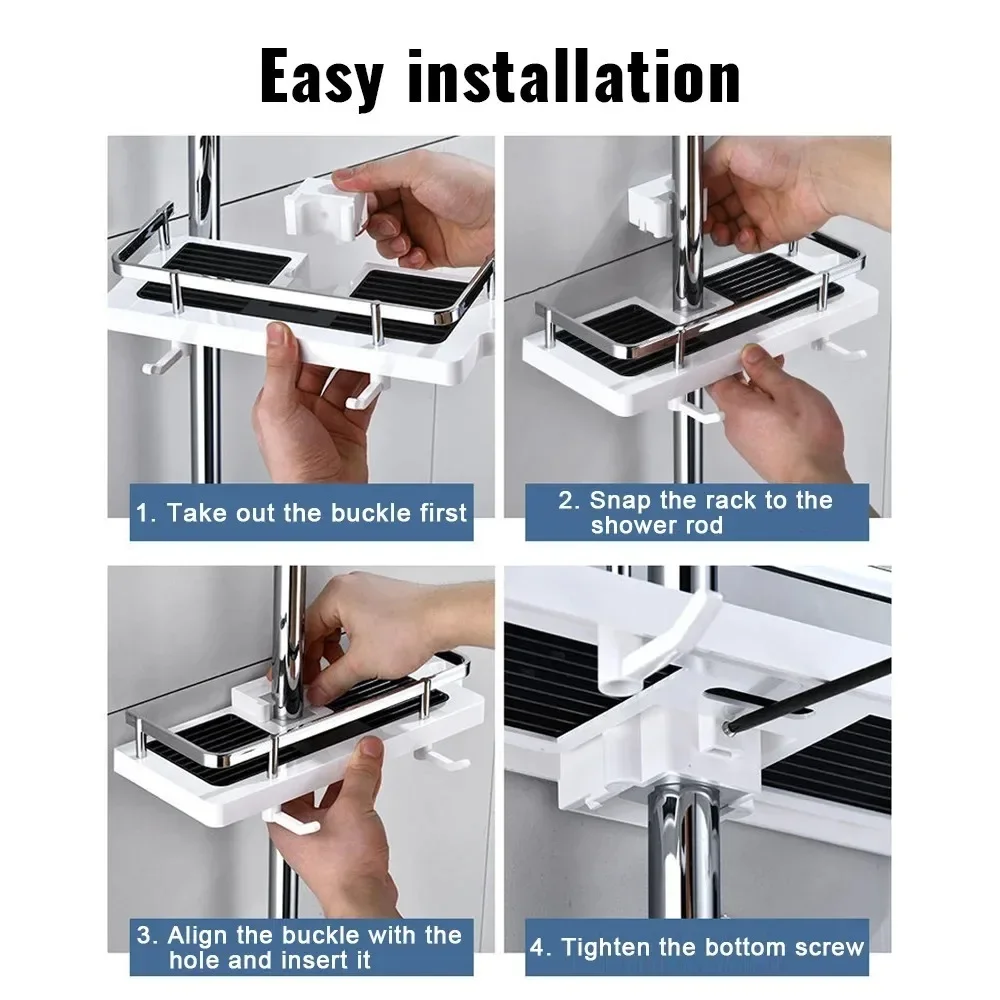 Shower Storage Holder Bathroom Shelf Pole Shelves Shampoo Tray Stand No Drilling Lifting Rod Shower Head Holder Rack Organizer 5