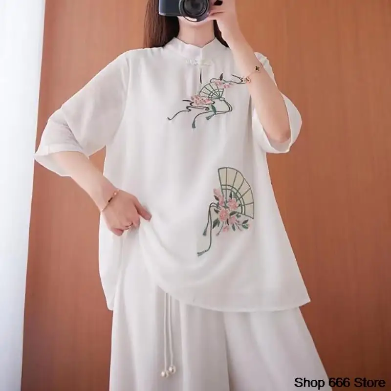 

Chinese Traditional Women's Clothing Spring Autumn Retro Embroidery Famous Ethnic Tang Dress Hanfu Artistic Tea Suit Shirt Top