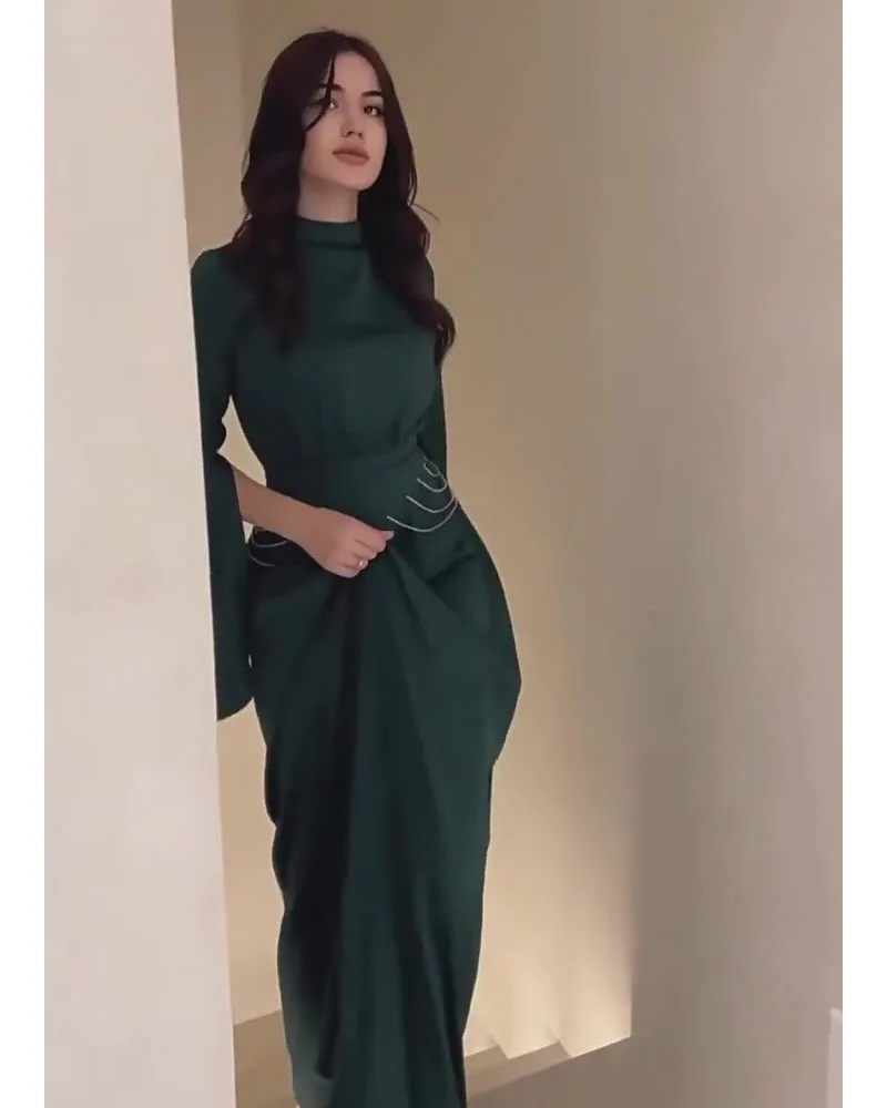 Elegant Lady Long Satin Dress Half High Collar Flare Sleeves Party Bodycon  Dress Streetwear Solid Slim Evening Dresses For Women - AliExpress 200000345