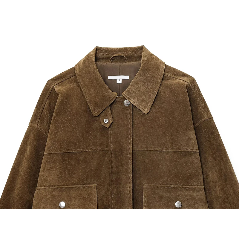 Veste bomber en similicuir pour femmes avec poches plaquées sur le devant, manches longues, fermeture éclair, manteau d'automne-hiver 2026, vêtement d'extérieur ample.