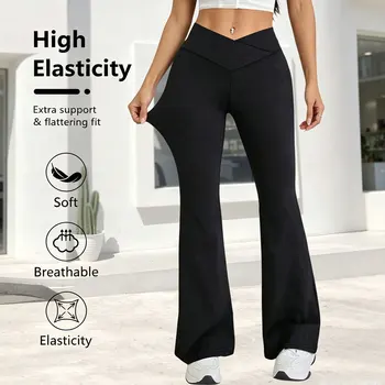 Spring Black Leggings High Waist Stretch Wide Leg Pants Slightly Flared Hems Cross Waist Design For Casual Sports Long Trousers 1